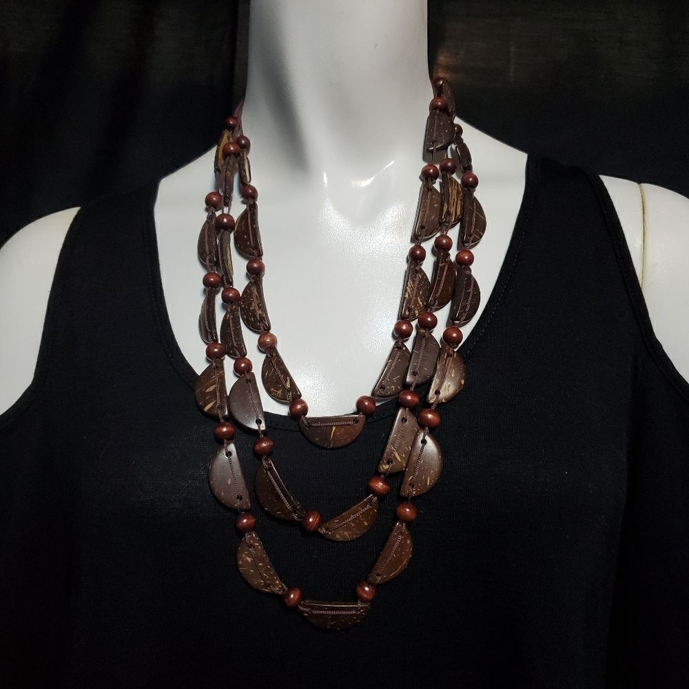 Boho Coconut Shell Brown Multilayer Necklace - Picture 2 of 4